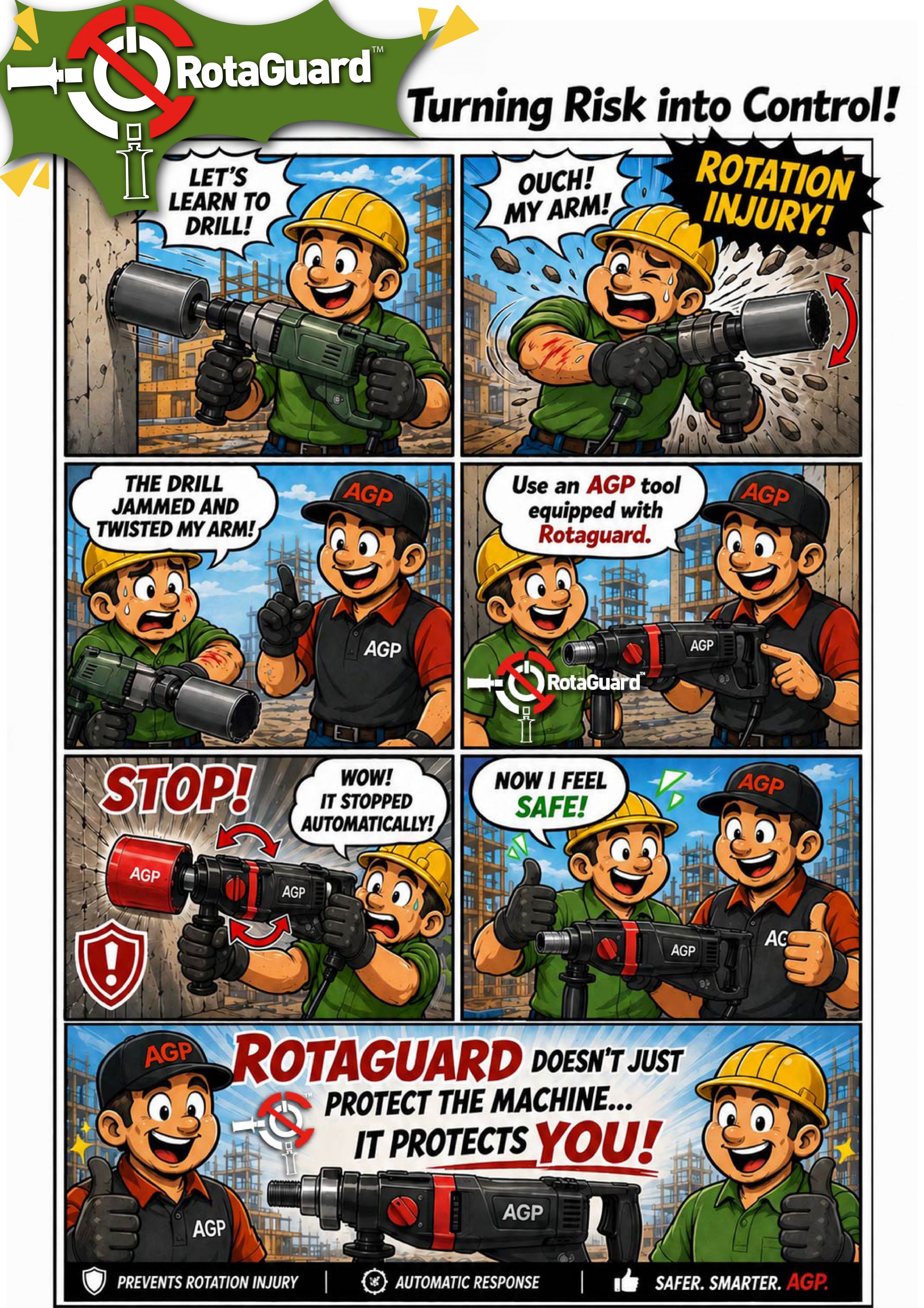 AGP RotaGuard veiligheidssysteem strip die illustreert hoe automatische rotatiecontrole helpt om terugslag van de boor en verwondingen aan de arm van de operator te voorkomen tijdens het boren in beton.
